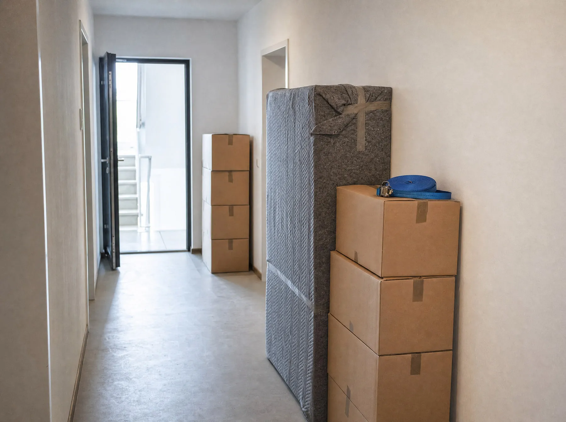 Verpackte Möbel und Kartons stehen im Flur zum Verladen.